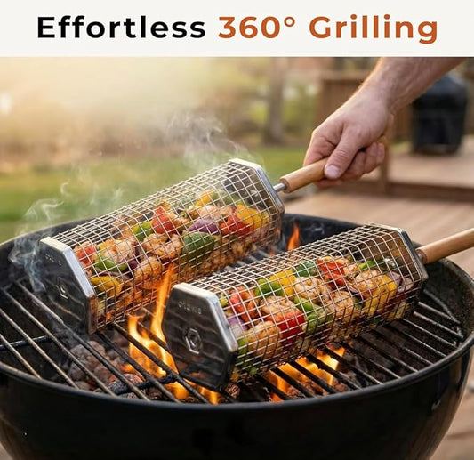 2 Pack Rolling Grill Basket โ Stainless Steel Grilling Basket with Lid and Removable Wooden Handle โ BBQ Accessories for Vegetables, Shrimp, Meat โ Outdoor Cooking Gift for Dad or Husband โ Otawe