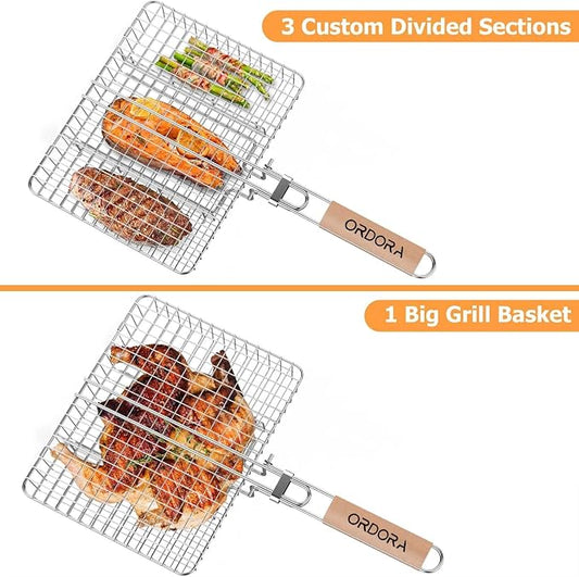 ORDORA Shallow Grill Basket, Fish Grill Basket, Rustproof Stainless Steel BBQ Folding Portable Grilling Rack for Meat, Steak,Vegetables, Grill Accessories
