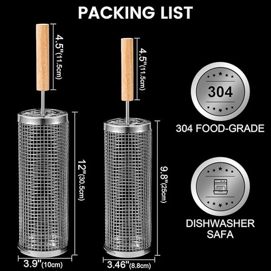 Nesting Grill Baskets (2 PCS), 304 Stainless Steel with Removable Wooden Handle, Rolling Grilling Net, BBQ Accessories Tools for Vegetables Shrimp, Outdoor Camping, Gifts for Men Dad and Husband