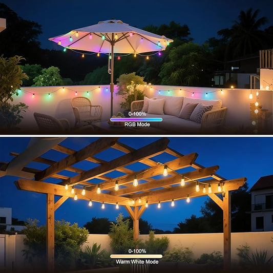 Outdoor String Lights 96ft(2Γ48ft), Patio Lights with 30 Dimmable LED Bulbs, RGBW & Warm White, IP67 Waterproof, Shatterproof, APP & Remote Control, Color Change, Customizable for Backyard