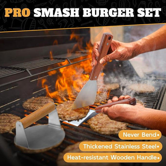 PURPLEBIRD Smash Burger Press Kit 3PCS Set, Stainless Griddle Spatulas Set | Professional Burger Smasher for Griddle, Heavy Duty Grill Press for Smash Burgers BBQ Grilling, Christmas Gifts for Men
