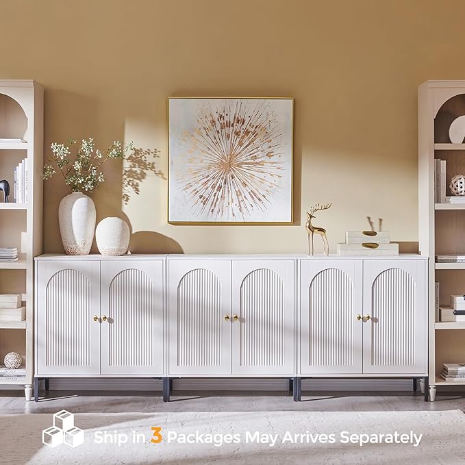 IFBUY Modern Sideboard Buffet Cabinet, 92.63" W Fluted Arched Buffet Cabinet with Storage and Adjustable Shelves, Wooden Modular Coffee Bar Cabinets for Kitchen, Entryway, White