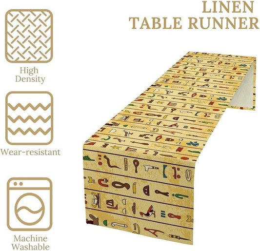 Egyptian Print Table Runner, Colorful Hieroglyphics on Papyrus Old Paper Decor Indian Wedding Reception Party Decorative for Dining Table 13x120 Inch