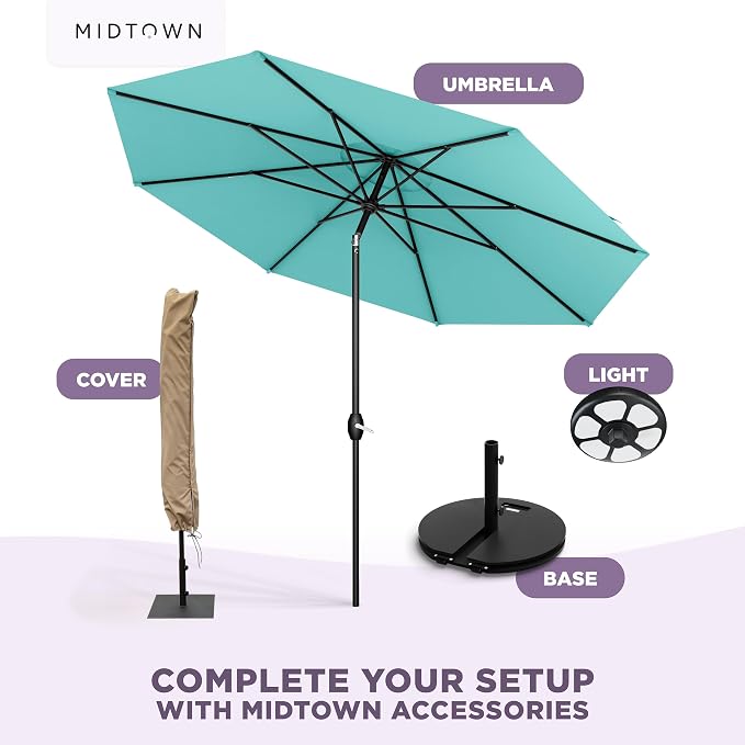 Midtown Umbrellas – The Lean 10 Ft Patio Umbrella with 10-Year-No-Fade Acrylast Acrylic Fabric, Auto-Tilt and 8 Reinforced Ribs for Deck, Pool, Garden, Hotel & Cafes – Azure Canopy, Black Pole