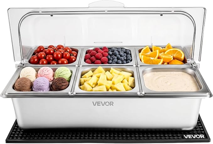 VEVOR Countertop Food Serving Display Container, Stainless Steel Food Salad Server Tray, Buffet Condiment Dispenser, Ice Cooled Rack with Clear Roll Top Cover, for Restaurant Hotel (6x1/6 Pan x2)
