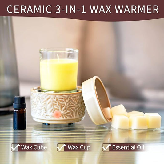 ElusiaKa Wax Melt Warmer 3-in-1 Electric, Ceramic Wax Burner for Scented Wax, Scented Wax Melter & Essential Oil Burner for Home Aromatherapy-Tan