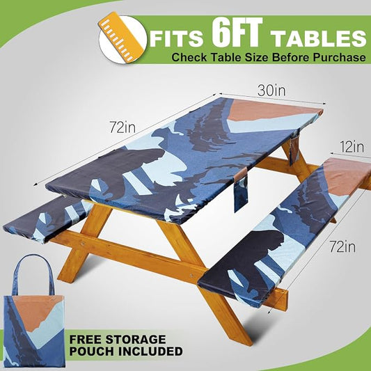 Fitted Picnic Table Cover with Bench Covers Waterproof Elastic Edges Rectangle Patio Tablecloth Outdoor Camping Essentials Stuff Rv Accessories Summer Trip Travel Supplies Party Camper Gifts, 6 ft