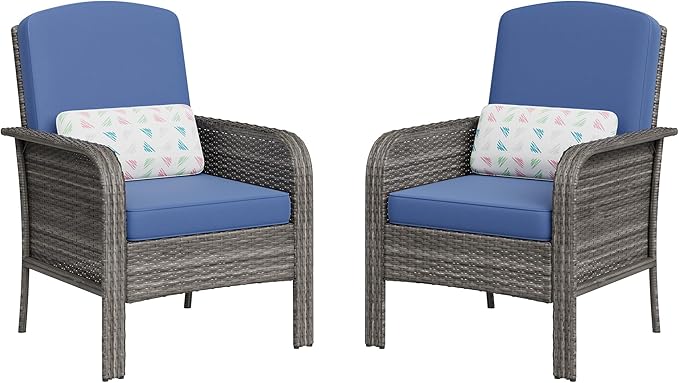 GarveeLife Set of 2 Wicker Patio Chairs, Gray Gradient Rattan with Blue Seat Cushion, Heavy Duty, for Backyard or Poolside
