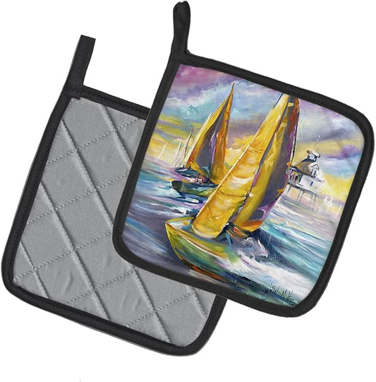 Caroline's Treasures JMK1234PTHD Middle Bay Lighthouse Sailboats Pair of Pot Holders Kitchen Heat Resistant Pot Holders Sets Oven Hot Pads for Cooking Baking BBQ, 7 1/2 x 7 1/2