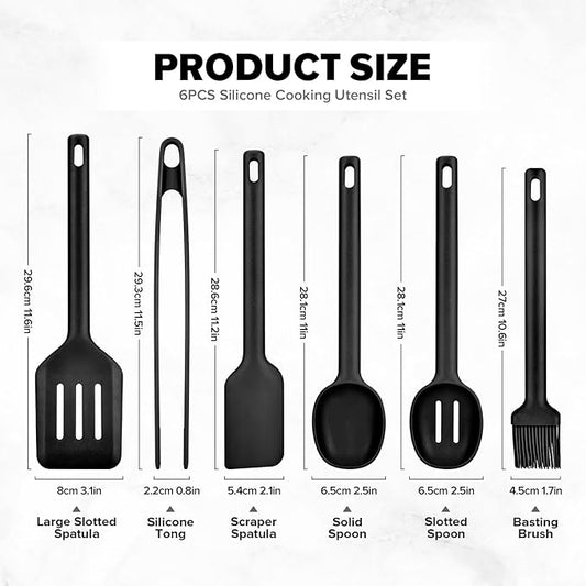 Silicone Kitchen Utensils Set, Heat Resistant Cooking Utensil with Spoon, Scraper, Spatula, Basting Brush & Tongs, BPA-free Non-stick Cookware for Frying, Basting, Serving, Grilling (6 Pack) (BLACK)