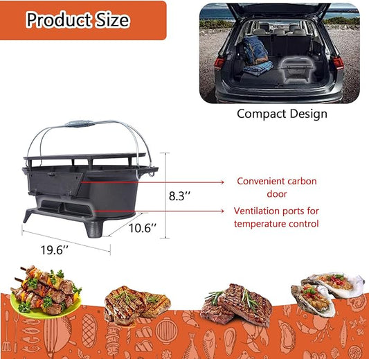 Cast Iron Hibachi Grill, Portable Charcoal Hibachi Grills with Double-Sided Grill Grate, 100% Cast Iron, Compact Camping Charcoal Cooker for Tailgating, Picnics & Hunting (Oval)
