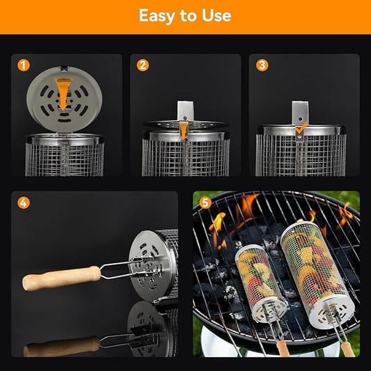 Rolling Grill Baskets 2PCS, 304 Stainless Steel Grill Basket with Removable Wooden Handle, Portable BBQ Grilling Basket for Fish Vegetables Shrimp, Outdoor Barbecue Accessories - Ideal Gifts for Men Dad Husband