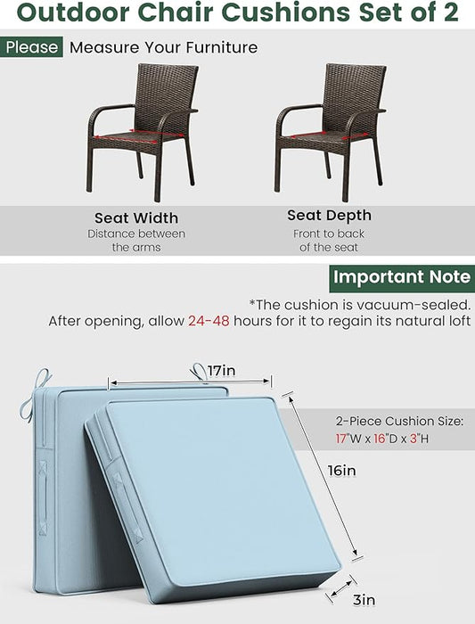 Outdoor Chair Cushion 17 x 16 x 3 Inches Patio Furniture Outdoor Waterproof Seat Cushion, Patio Chair Cushion with Handles and Ties, Square Dining Chair Cushion Set of 2, Sky Blue