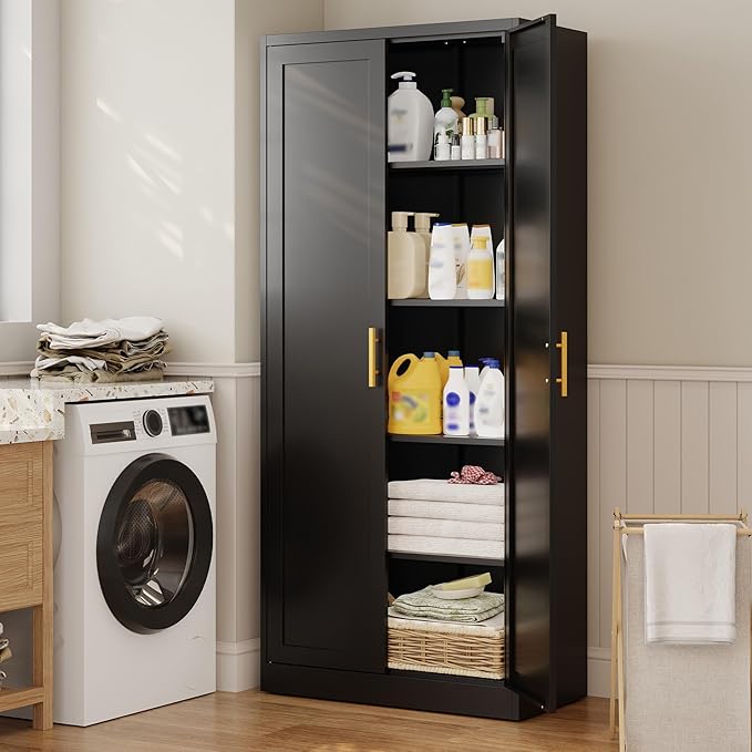 CJF Black Kitchen Pantry Cabinet,71" Tall Metal Storage Cabinet with 4 Adjustable Shelves and Doors, Freestanding Pantry Cabinet for Kitchen, Living Room, Dining Room, Bathroom, Easy to Assemble
