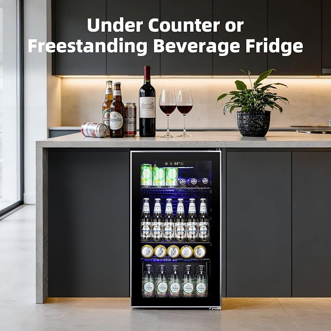 Antarctic Star mini fridge -130 can beverage refrigerator cooler glass door for soda beer or wine, small drink dispenser for home, office bar 3.2cu.ft