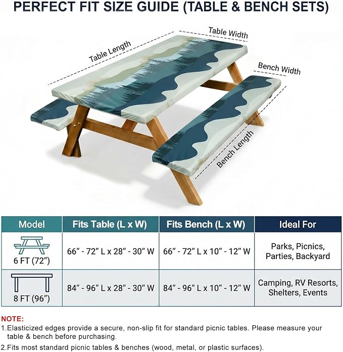 Picnic Table Cover with Bench Covers Windproof Waterproof Picnic Table Covers Camping Tablecloth with Self-Storage Bag, 96in, Green Blue