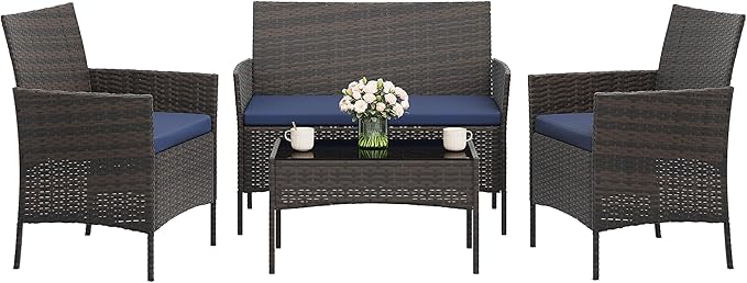 4-Piece Outdoor Furniture Set, PE Rattan Wicker Chairs with Soft Cushions & Tempered Glass Coffee Table - All-Weather Patio Set for Garden, Backyard, Porch, Poolside (Brown/Dark Blue)