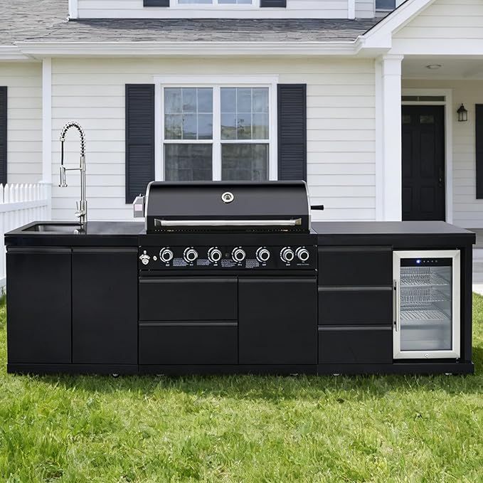 114" Outdoor Kitchen Island with Grill, 6-Burner 83,500 BTU Propane BBQ Island, Refrigerator, Sink with Trash Can Holder & 3-Drawer Cabinet, for Backyard and Patio Cooking, Black