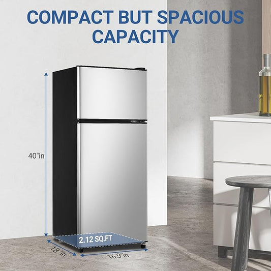 Apartment Size Refrigerator, 4.0 Cu.Ft Small Refrigerator with Freezer Suitable for Apartment, Office, Kitchen, Dorm, Compact Fridge with 7 Temperature Modes, Double Door, Silver