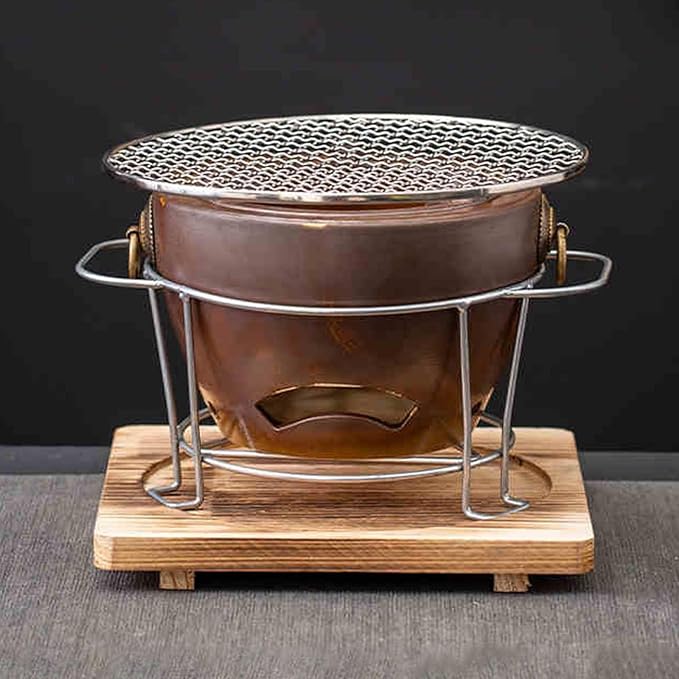 1Set Clay Charcoal Stove, Indoor Pottery Barbecue Stove, Tabletop Pottery Fire Stove, with a Wooden Pads and Grill, Metal Mesh, for Cooking Tea Stove(Brown)