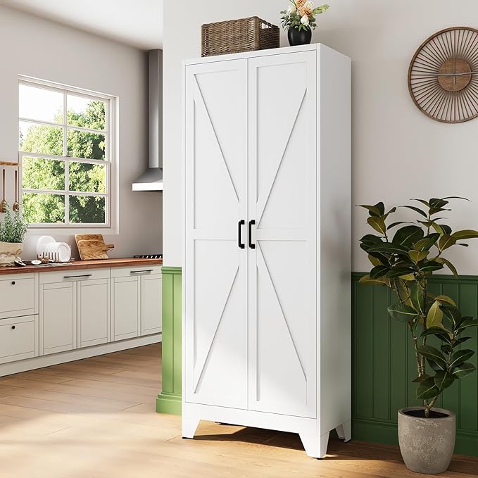 Letaya 75" H Metal Storage Cabinet with 2 Doors and 4 Shelves,Tall Kitchen Pantry Cabinets,Farmhouse Utility Pantry Organizers for Cupboard/Dining/Bathroom/Home Office/Garage,White
