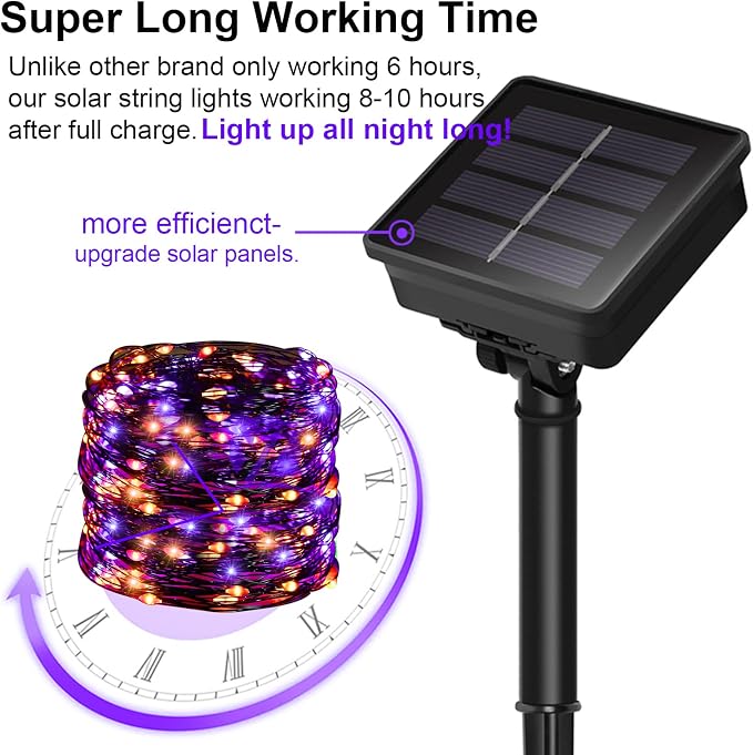 Halloween Decorations Outdoor Lights, Solar String Lights Purple Orange IP67 Waterproof 2 Pack Total 200 LED 66FT 8 Modes Fairy Lights, Outside Fall Decor for Tree, Garden, Patio, Fence, Lawn