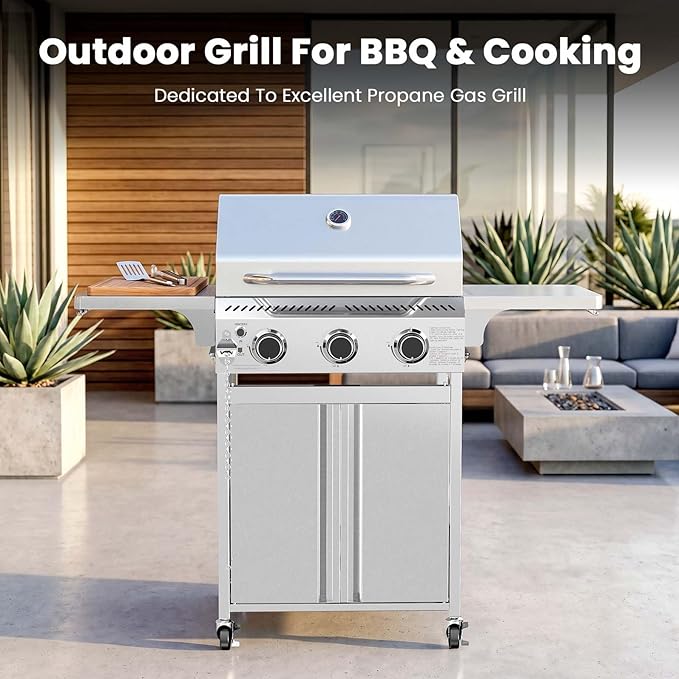 COWSAR 3 Burner Propane Gas Grill, 24,000 BTU Outdoor BBQ Grill with Side Table, Porcelain-Coated Cast Iron Grates, Removable Grease Tray for Backyard Cooking
