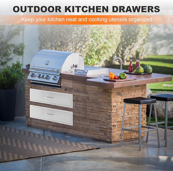 PioneerWorks 30" W x 10" H x 23" D Outdoor Kitchen Drawers, 1-Layer Outdoor Kitchen Access Drawer, Stainless Steel Built-in BBQ Drawer for Outdoor Kitchen Island, Patio Grill Station