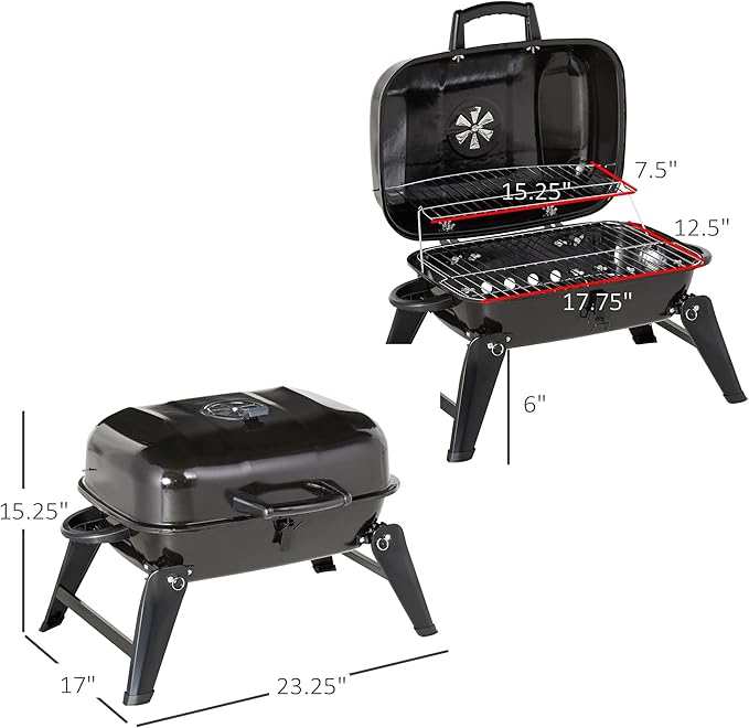 14" Portable Charcoal Grill Tabletop Small BBQ Grill for Outdoor Cooking Camping Tailgating Enamel Coated Vent Folding Legs Black