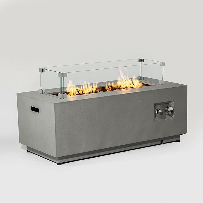 KEIKI 42 Inch Outdoor Gas Fire Pit Table with Glass Wind Guard, Rectangular Propane Fireplace, Steel Patio Heater for Backyard Deck
