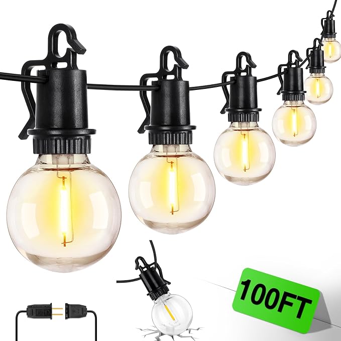 ZJOJO 100FT Outdoor String Lights, Outdoor Lights for Patio | 32 Shatterproof Bulbs, 2700K Dimmable Waterproof Globe LED Patio Lights for Outside Christmas Backyard Bistro Porch Garden