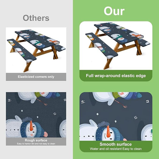 Christmas Picnic Table Cover with Bench Covers Set, Elastic Fitted Tablecloth for Outdoor Picnic Tables, Blue Snowman Design, Durable Vinyl Table Cover for Winter Camping, BBQs, and Holiday