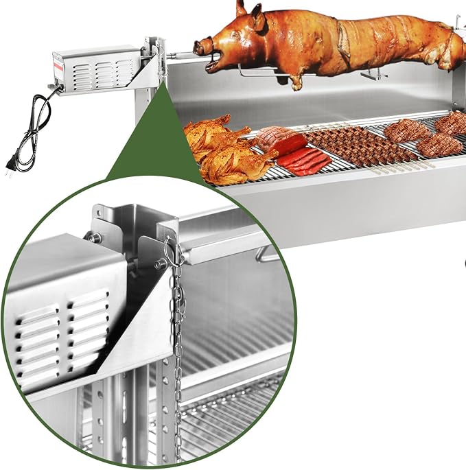 Kendane Rotisserie Grill Charcoal Spit Roaster, Stainless Steel 46" Pig Lamb Hooded Roaster Charcoal Spit with 30W Motor & Adjustable Height Lockable Casters for Party Barbecue, Rated 150 LB