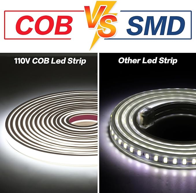 1m LED Strip Lights Rope Lights 320LEDs 6000K Cool White AC 110V Outdoor Lights COB LED Strip Light Waterproof IP67 for Under Cabinet Lights Bedroom Patio