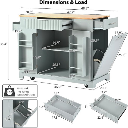 Ball & Cast Fluted Kitchen Island with Trash Can Storage Cabinet,Power Outlet,Internal Storage Rack,Rolling Kitchen Islands On 5 Wheels W/3 Drawer&3 Open Side Racks for 10 Gallon Garbage Bin,Grey Blue