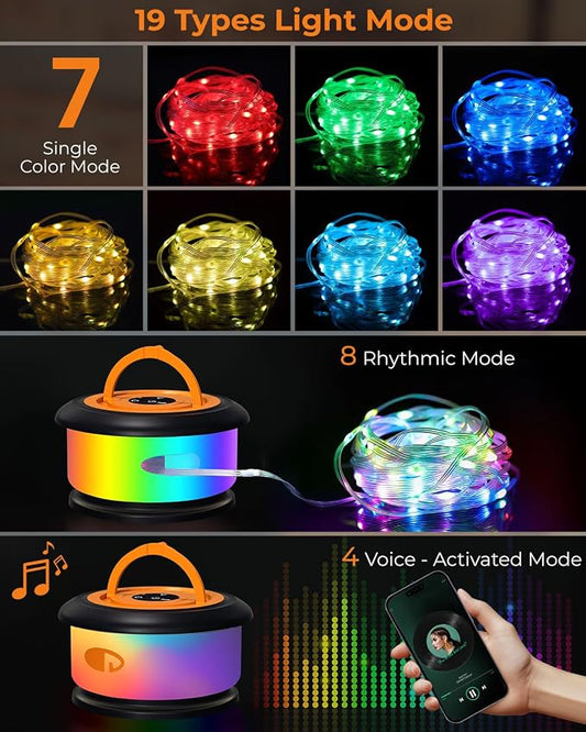 Camping String Lights, Retractable 32.8FT Rechargeable Fairy Light | Quick Storage RGB Flash Lamp Outdoor Waterproof, Portable Hanging Lantern for Outside Tent Patio Awning Garden RV Essentials