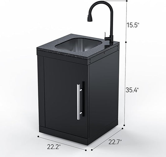 Black Stainless Steel Single Door Outdoor Sink Cabinet, Standard Handle, Black Galaxy Granite Countertop, Pull-Down Faucet, Modular BBQ Island Prep Sink for Backyard - Black
