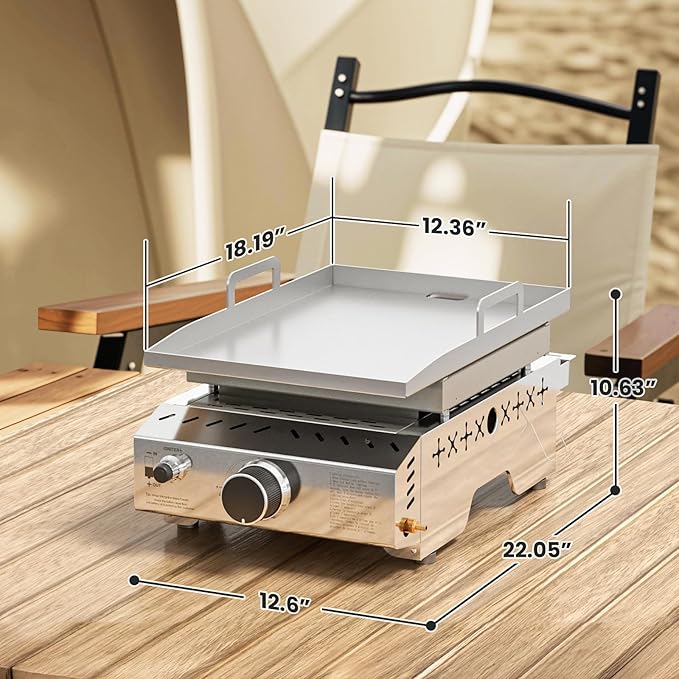 WAA Portable Propane Griddle, 8000BTU Tabletop Portable Propane Gas Grill with One Burner, Stainless Steel Flat Top Grill, Outdoor Cooking for Tailgating,Camping, RVs, BBQ, Patio, Silver