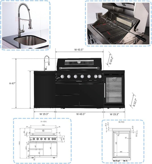 6 Burner Outdoor Kitchen Island with Grill, 85000 BTU Deluxe Stainless Steel Modular Outdoor Kitchen, Gas Propane BBQ Island with Refrigerator, Sink, Rotisserie, 85"W, Black