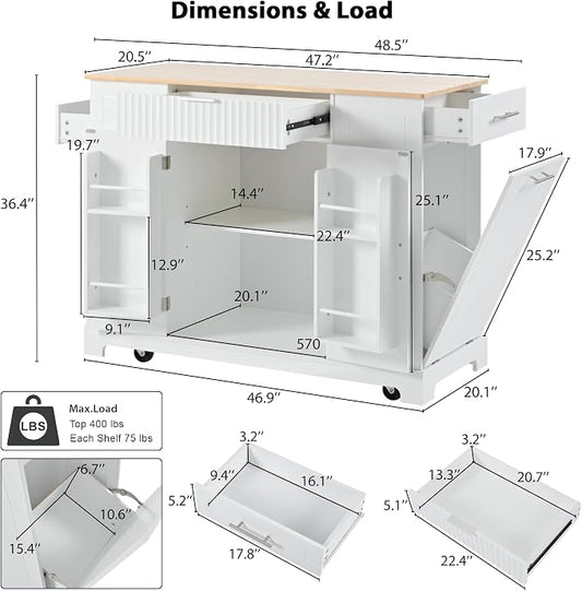 Ball & Cast Fluted Kitchen Island with Trash Can Storage Cabinet,Power Outlet,Internal Storage Rack,Rolling Kitchen Islands On 5 Wheels W/ 3 Drawer & 3 Open Side Racks for 10 Gallon Garbage Bin,White