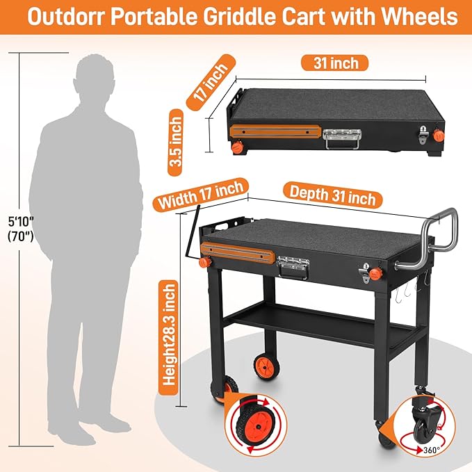 EUTRKei Outdoor Grill Cart with Wheels, Blackstone Griddle Stand for 17" & 22", Folding Grill Table for Weber Grill, Ninja Woodfire Outdoor Grill, Portable Grill Table for Griddle Accessories