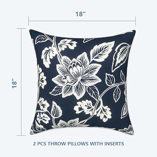 LVTXIII Outdoor Throw Pillows 18x18 Patio Waterproof Square Pillows with Piping Fade Resistant Accent Pillow for Spring Summer Garden Decoration, Set of 2, Elegant Vines Navy