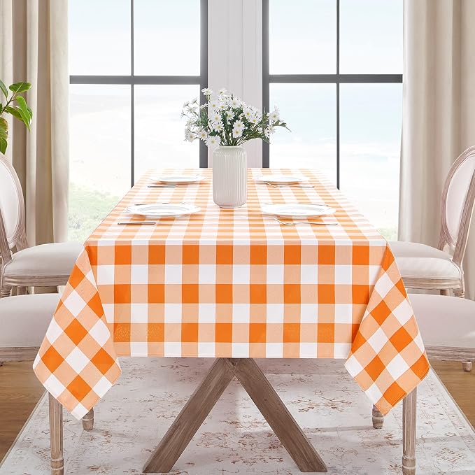 Softalker Gingham Checkered Tablecloth Square - Outdoor Waterproof Buffalo Plaid Table Cloth, Stain Resistant Washable Table Cover for Picnic, Camping, Dining - Orange and White, 54 x 54 Inch