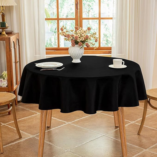 Seenus Textured 60 Inch Black Fabric Table Cloth Fits 30'' to 48'' Round Table, Faux Linen Water Resistant & Wipeable Circle Tablecloth, Washable for Dinning Kitchen Patio