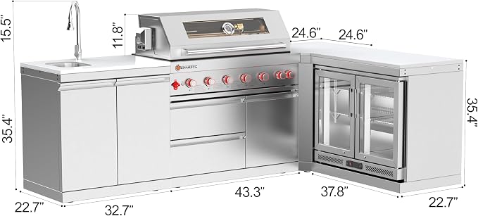 SERA C 6-Burner Propane L-Shape Module Outdoor Kitchen All in one | 87,900BTU, 115L double fridge, dual sink, 90° corner creates L-shape, 304SS, soft-close, locking caster, patio entertaining