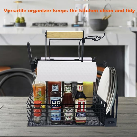 Grill Caddy,BBQ Condiment Organizer for Outdoor, Camping Tailgating Picnic Kitchen Storage Caddy Kitchen Organizer for Camper Magnetic Tool Holder with Paper Towel Holder with Handle Portable