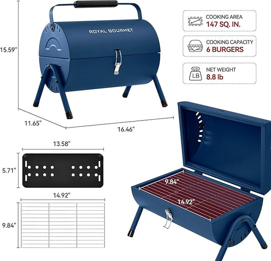 CC1015B Portable Charcoal Grill, 147 Sq. In. Cooking Area, with Four Air Vents, Lid Latch Buckle, Lid Handle, for Outdoor Backyard, Patio Parties and Picnics, Blue