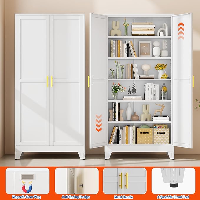 GAIOUS 75'' Tall Metal Garage Storage Cabinet,File Cabinet with 2 Doors and 5 Adjustable Shelves, Outdoor Steel Tool Cabinet for Home,Office,Warehouse,Garage,White