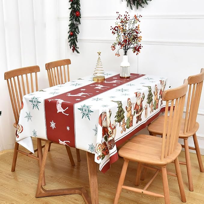 Christmas Table Cloth Rectangle Heavy Duty Vinyl Red Christmas Tablecloth Plastic Reusable Santa Tablecloth Wpieable Waterproof PVC Xmas Table Cover for Dining Party New Year(Deers, 54"x78")