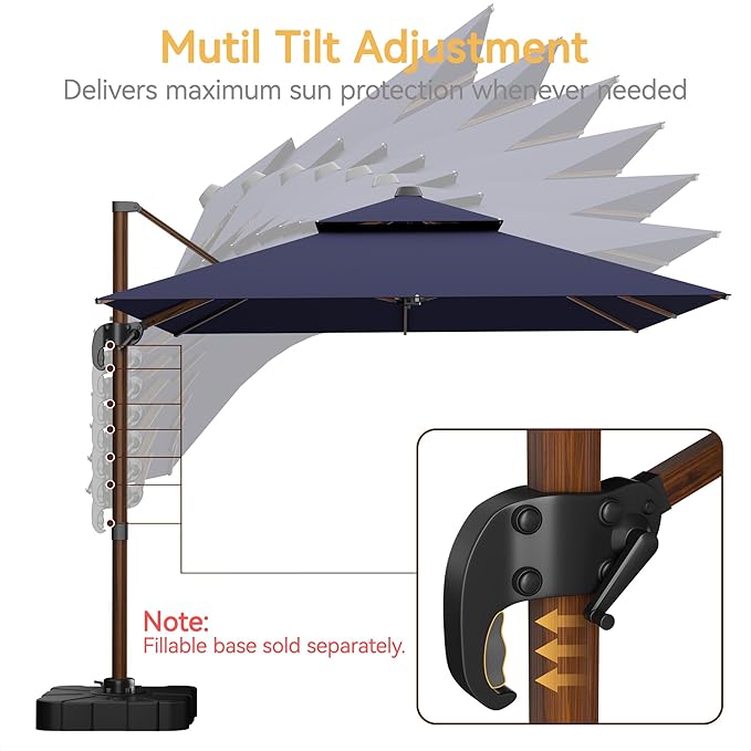 10x13 FT Wood Pattern Patio Umbrella, Large Deluxe Cantilever Rectangular Double Top Heavy Duty Offset Umbrellas with 360° Rotation, Outdoor shade for Garden Deck Pool Patio, Navy